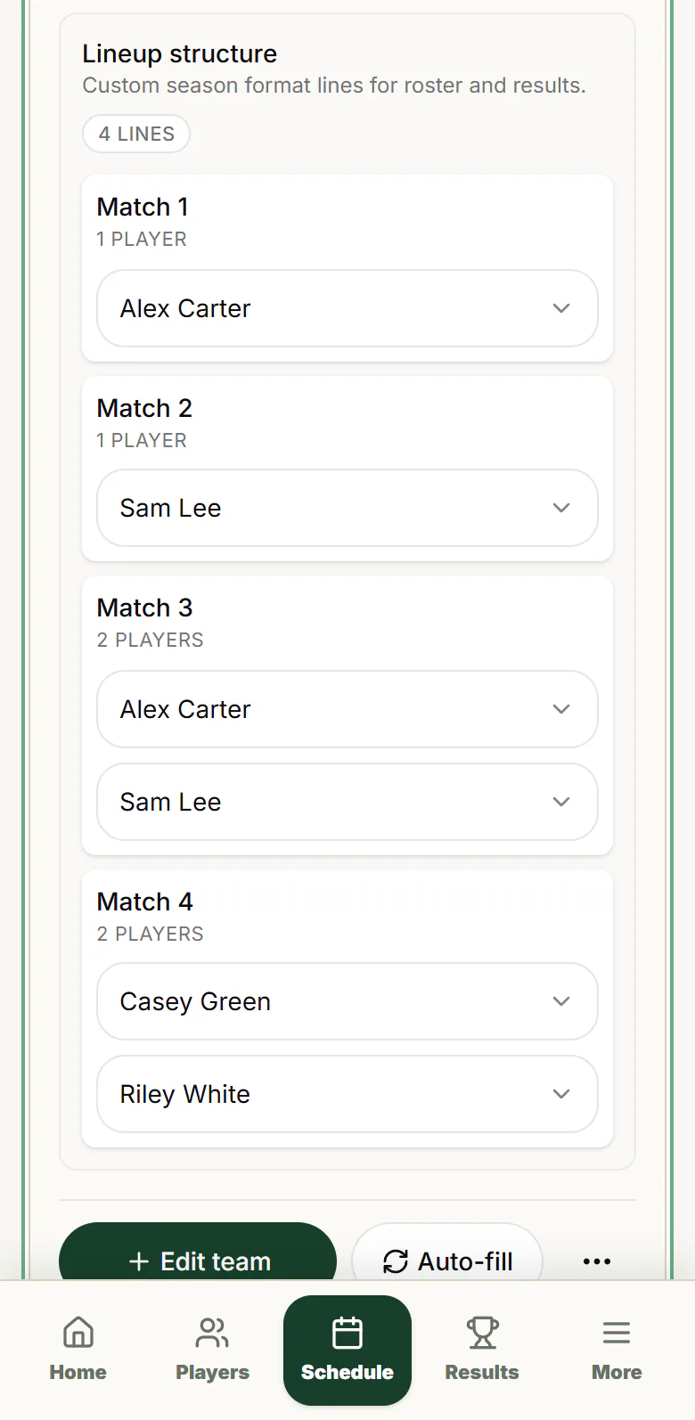 Round five’s lineup structure: two singles and two doubles lines with players assigned.