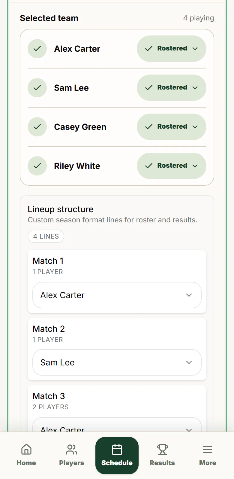 Round five’s selected team: Alex Carter, Sam Lee, Casey Green and Riley White, each rostered.