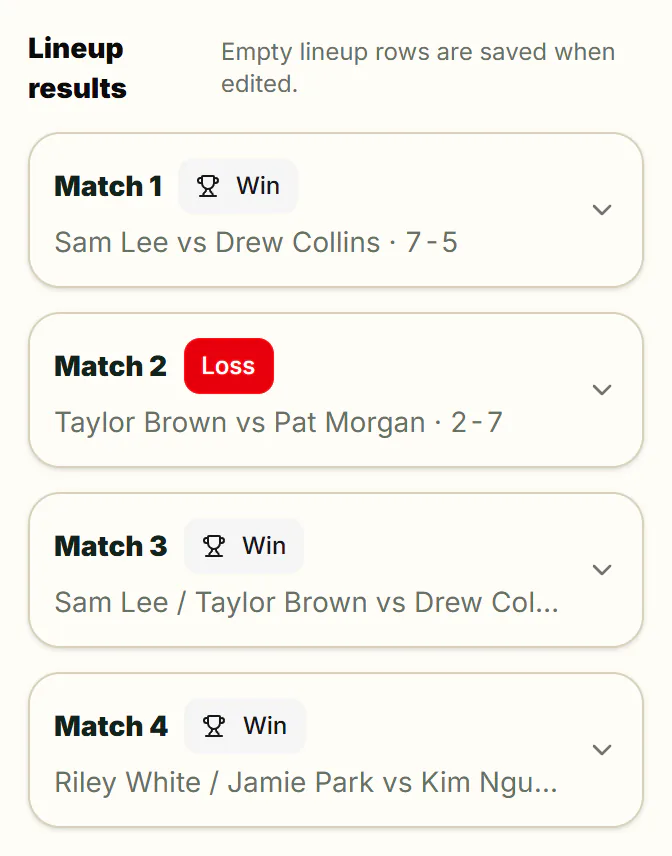 Round four after the import: Match 1, Sam Lee beat Drew Collins 7–5; Match 2, Taylor Brown lost to Pat Morgan 2–7; Match 3 and Match 4 are wins, the last for Riley White and Jamie Park.