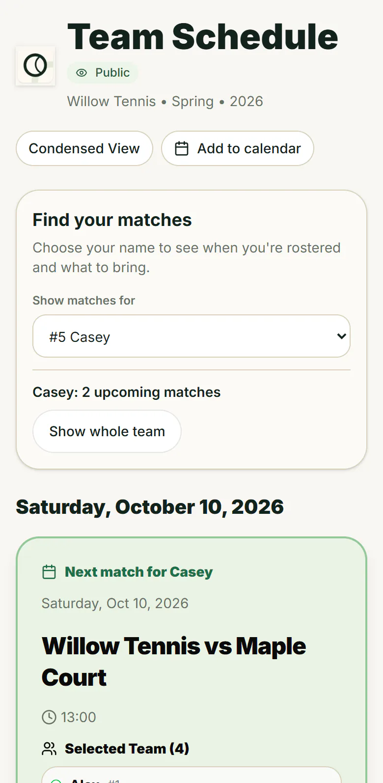 The public team schedule with Casey chosen, showing Casey’s next match, what to bring and the selected team.