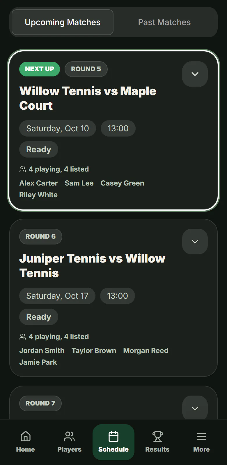 Schedule in the dark theme with round five, Willow Tennis versus Maple Court, next up.